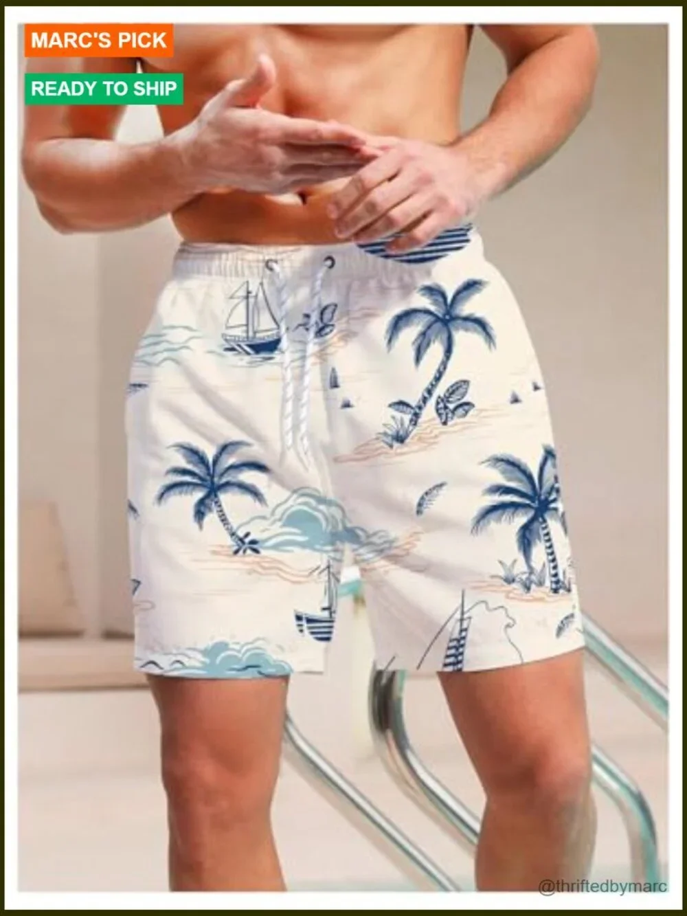 Men's Swim Trunks with Pockets Drawstring Palm Tree Quick Dry